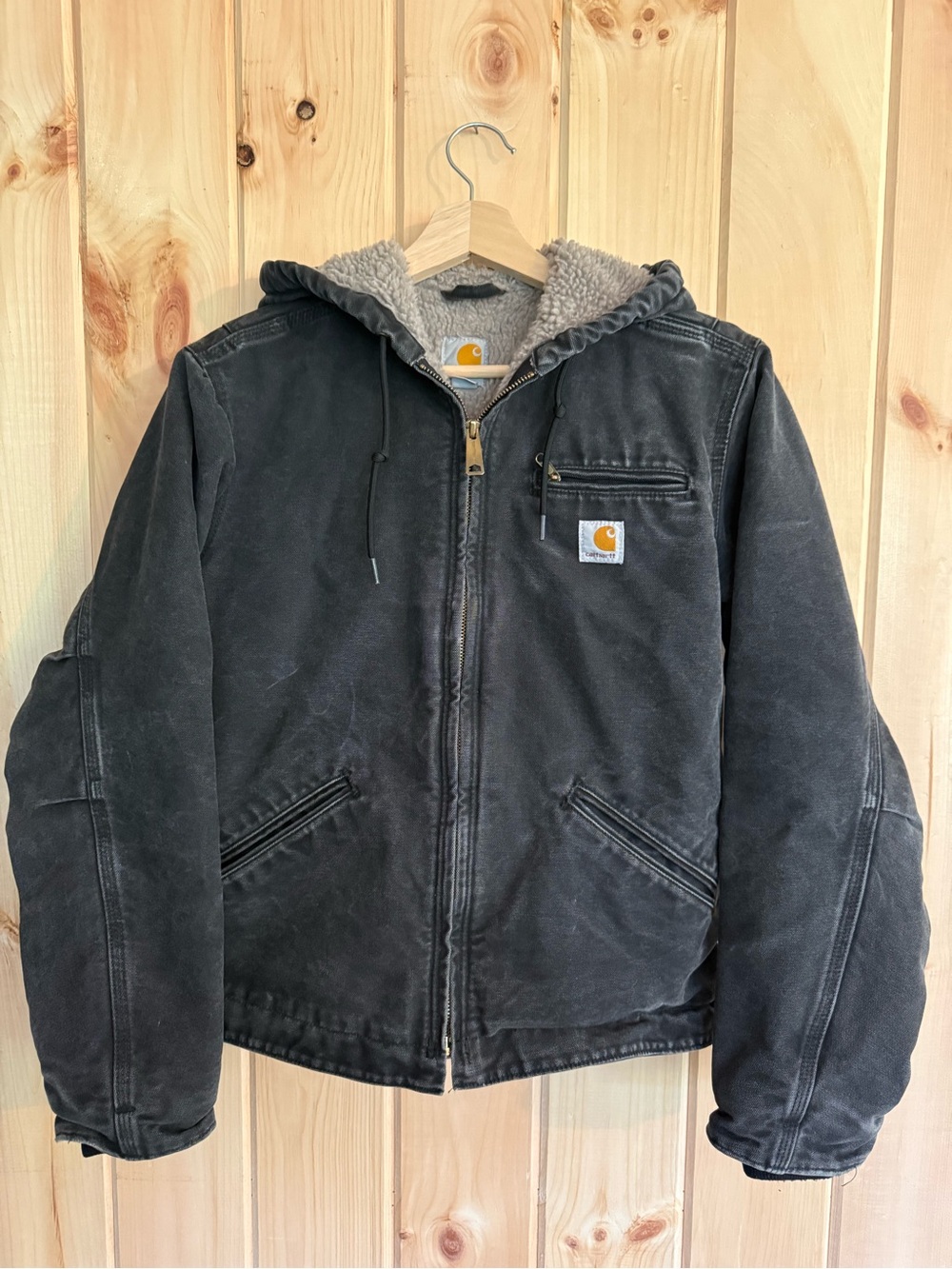 Carhartt Black Washed Duck Canvas Sherpa Lined Hooded Sierra Jacket Small 4/6